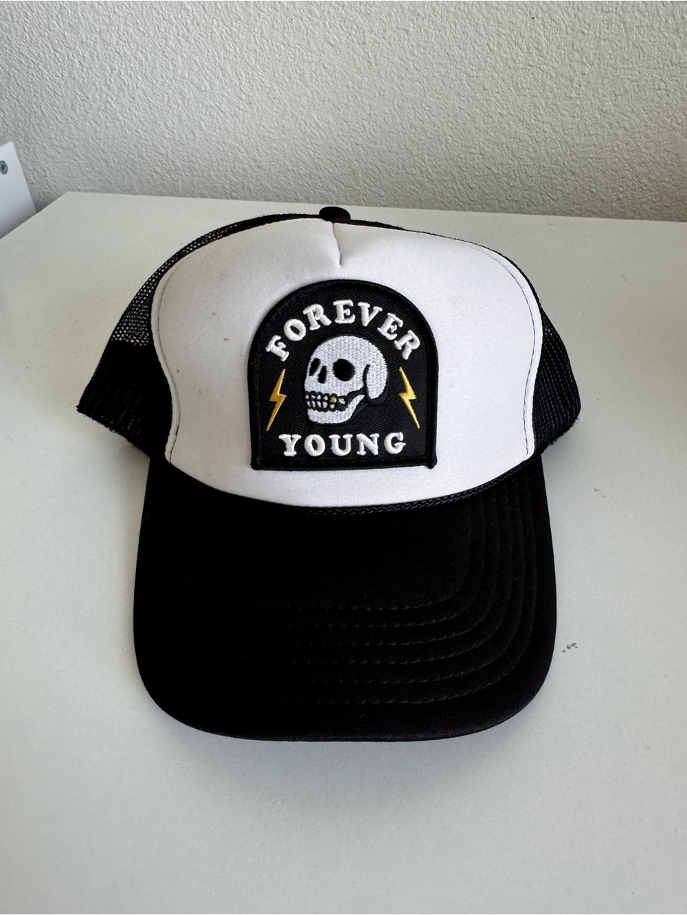 Local Beach Forever Young Black White Trucker Hat
